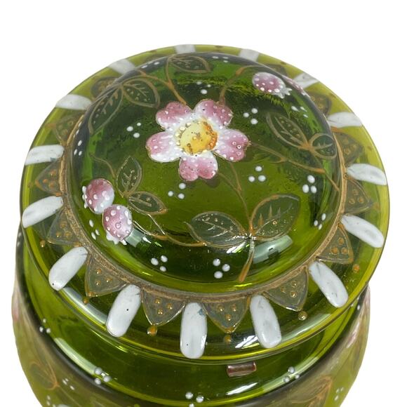 Vintage Signed Moser Green Mushroom Vanity Jar Hinged Lid Floral Good Condition - Picture 2 of 8